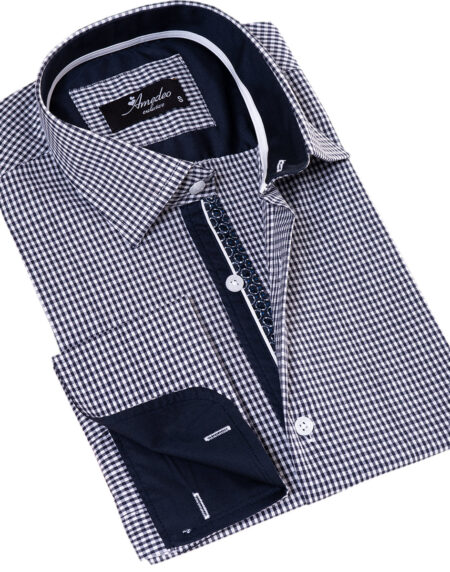 Black Checkered French Cuff T-Shirt – Men’s Long Sleeve Slim Fit Cotton T-Shirt