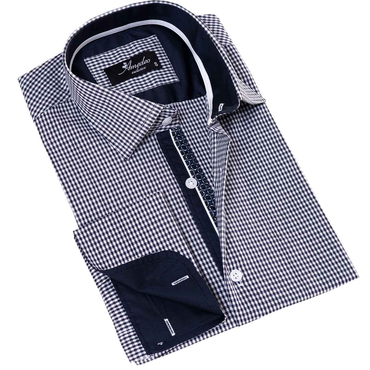 Black Checkered French Cuff T-Shirt – Men’s Long Sleeve Slim Fit Cotton T-Shirt