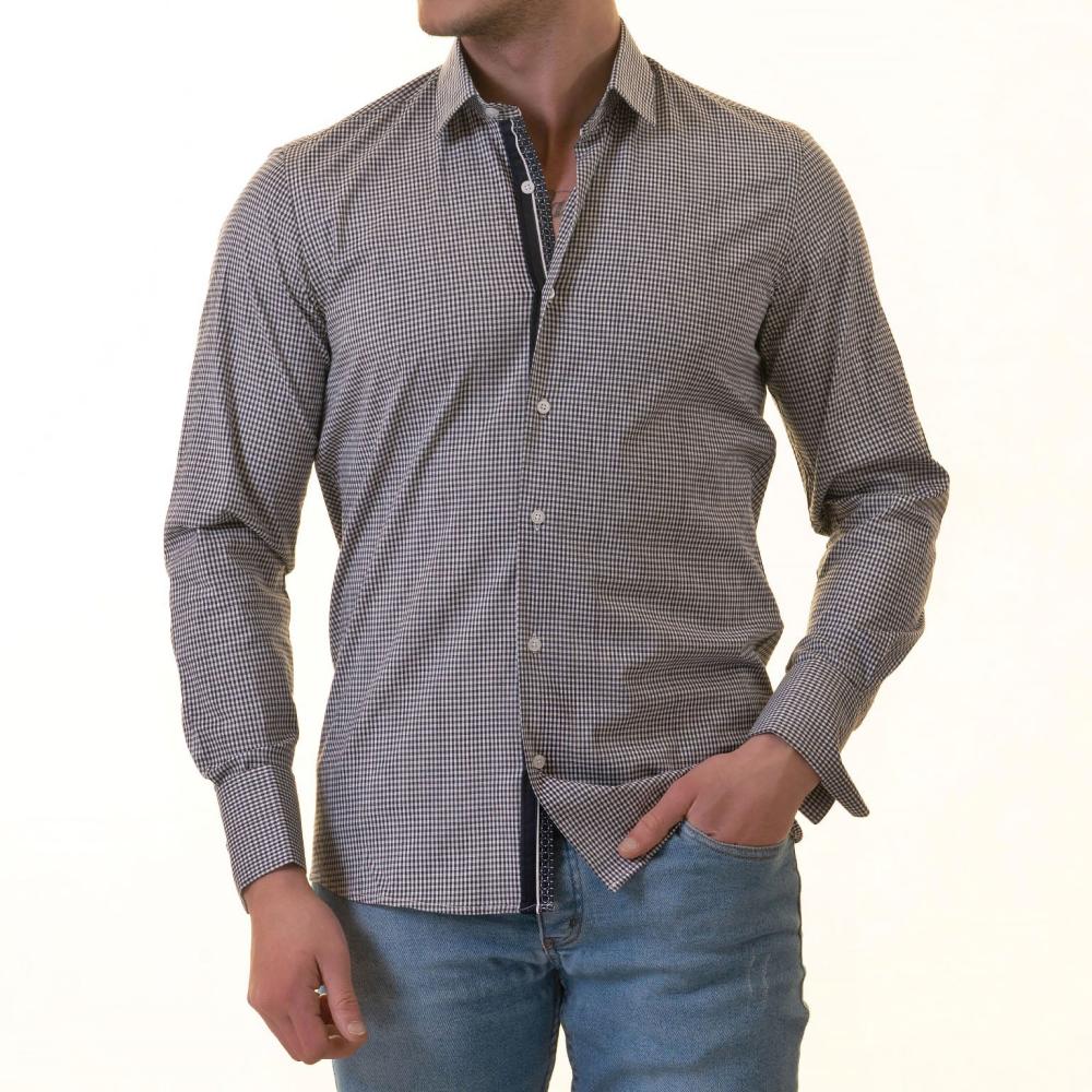 Black Checkered French Cuff T-Shirt - Men’s Long Sleeve Slim Fit Cotton T-Shirt - Image 2