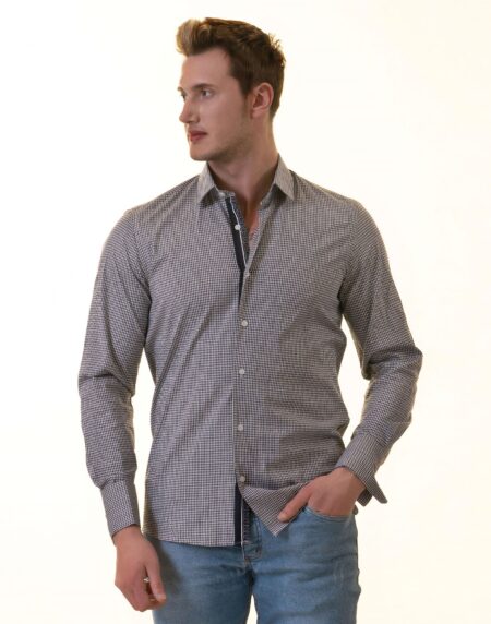 Black Checkered French Cuff T-Shirt – Men’s Long Sleeve Slim Fit Cotton T-Shirt