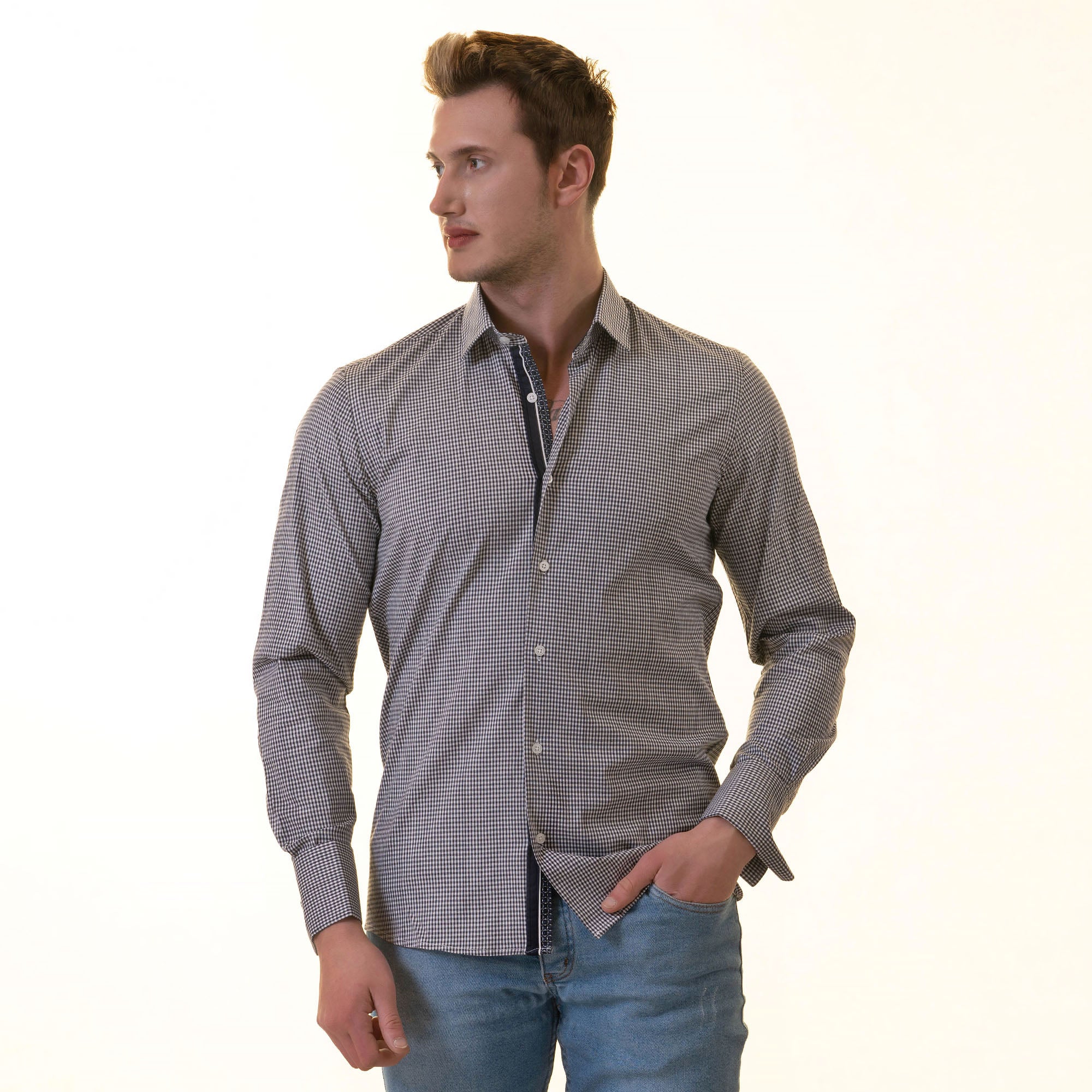 Black Checkered French Cuff T-Shirt - Men’s Long Sleeve Slim Fit Cotton T-Shirt - Image 5