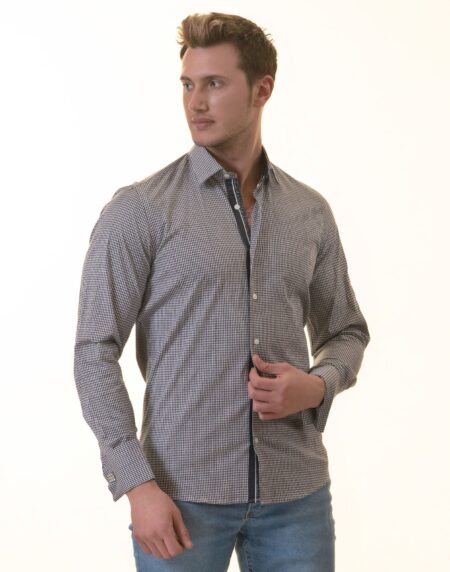 Black Checkered French Cuff T-Shirt – Men’s Long Sleeve Slim Fit Cotton T-Shirt