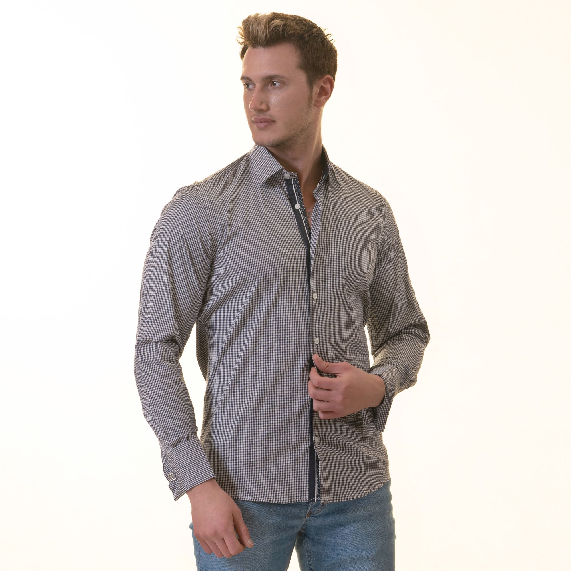 Black Checkered French Cuff T-Shirt - Men’s Long Sleeve Slim Fit Cotton T-Shirt - Image 6