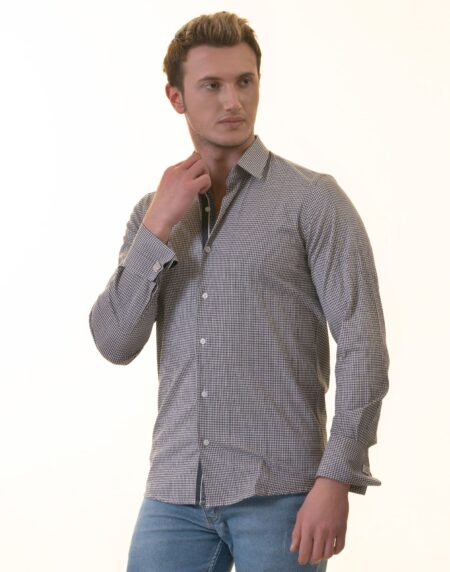 Black Checkered French Cuff T-Shirt – Men’s Long Sleeve Slim Fit Cotton T-Shirt