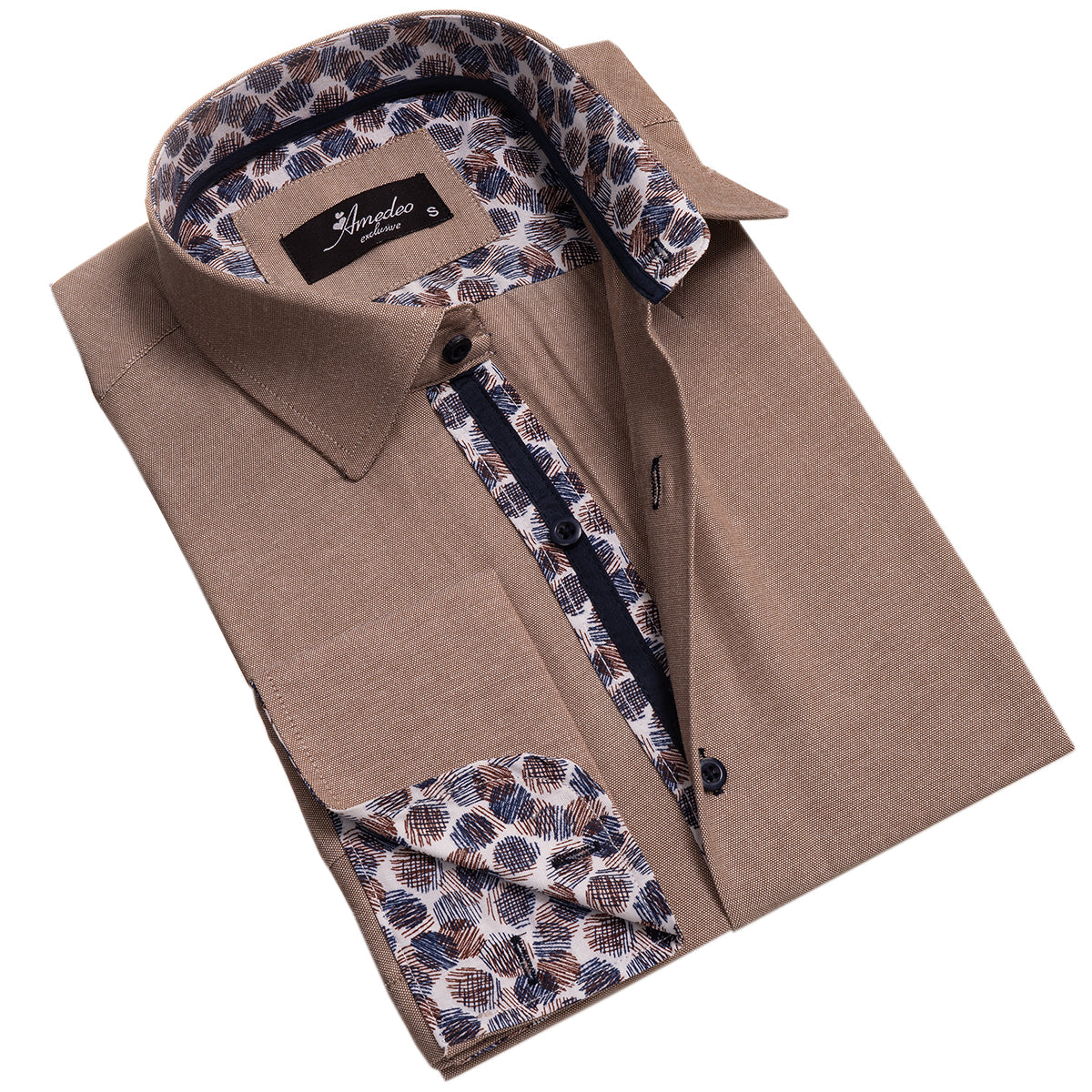 Brown White Mens Slim Fit French Cuff Shirts with Cufflink Holes – Casual and Formal