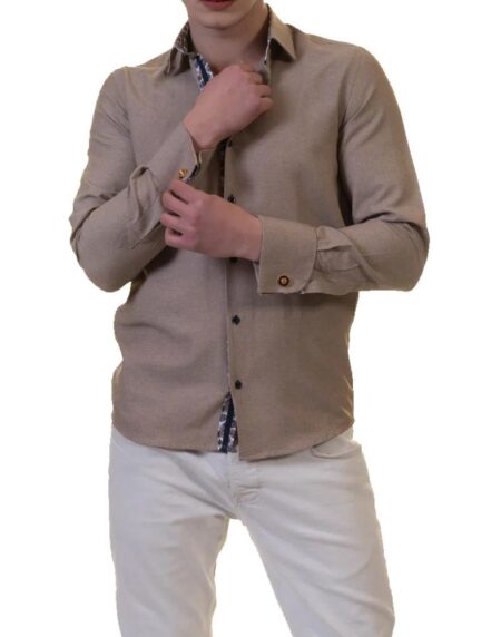 Brown White Mens Slim Fit French Cuff Shirts with Cufflink Holes – Casual and Formal