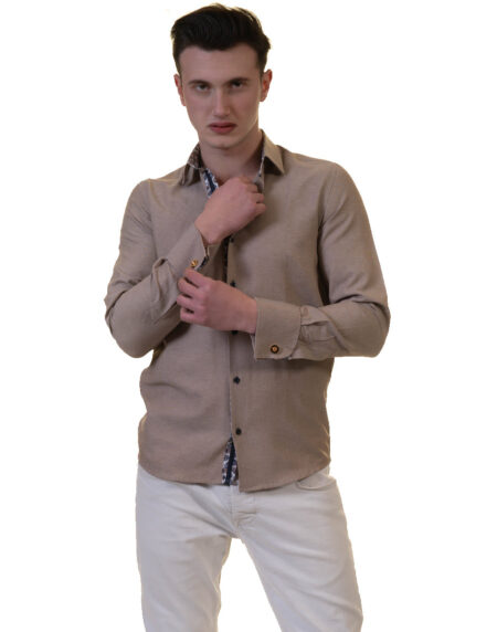 Brown White Mens Slim Fit French Cuff Shirts with Cufflink Holes – Casual and Formal