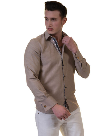 Brown White Mens Slim Fit French Cuff Shirts with Cufflink Holes – Casual and Formal