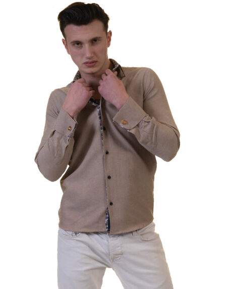 Brown White Mens Slim Fit French Cuff Shirts with Cufflink Holes – Casual and Formal