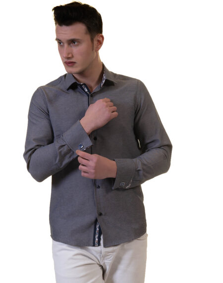 Grey Mens Slim Fit French Cuff Shirts with Cufflink Holes – Casual and Formal
