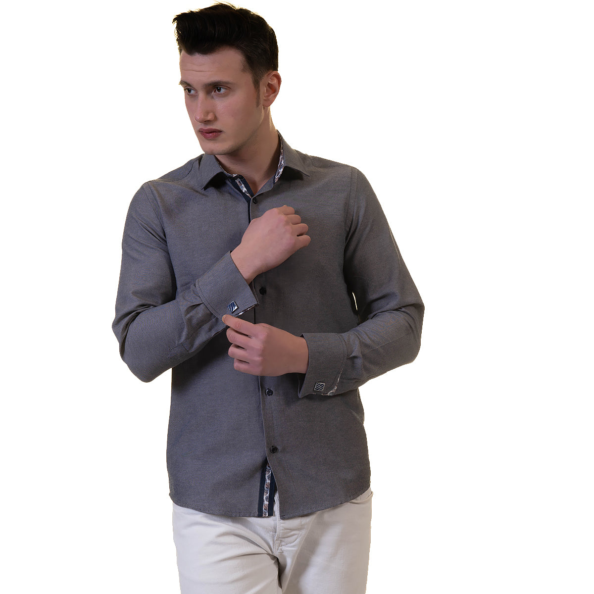 Grey Mens Slim Fit French Cuff Shirts with Cufflink Holes - Casual and Formal - Image 4