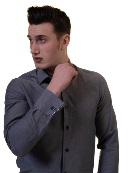 Grey Mens Slim Fit French Cuff Shirts with Cufflink Holes – Casual and Formal
