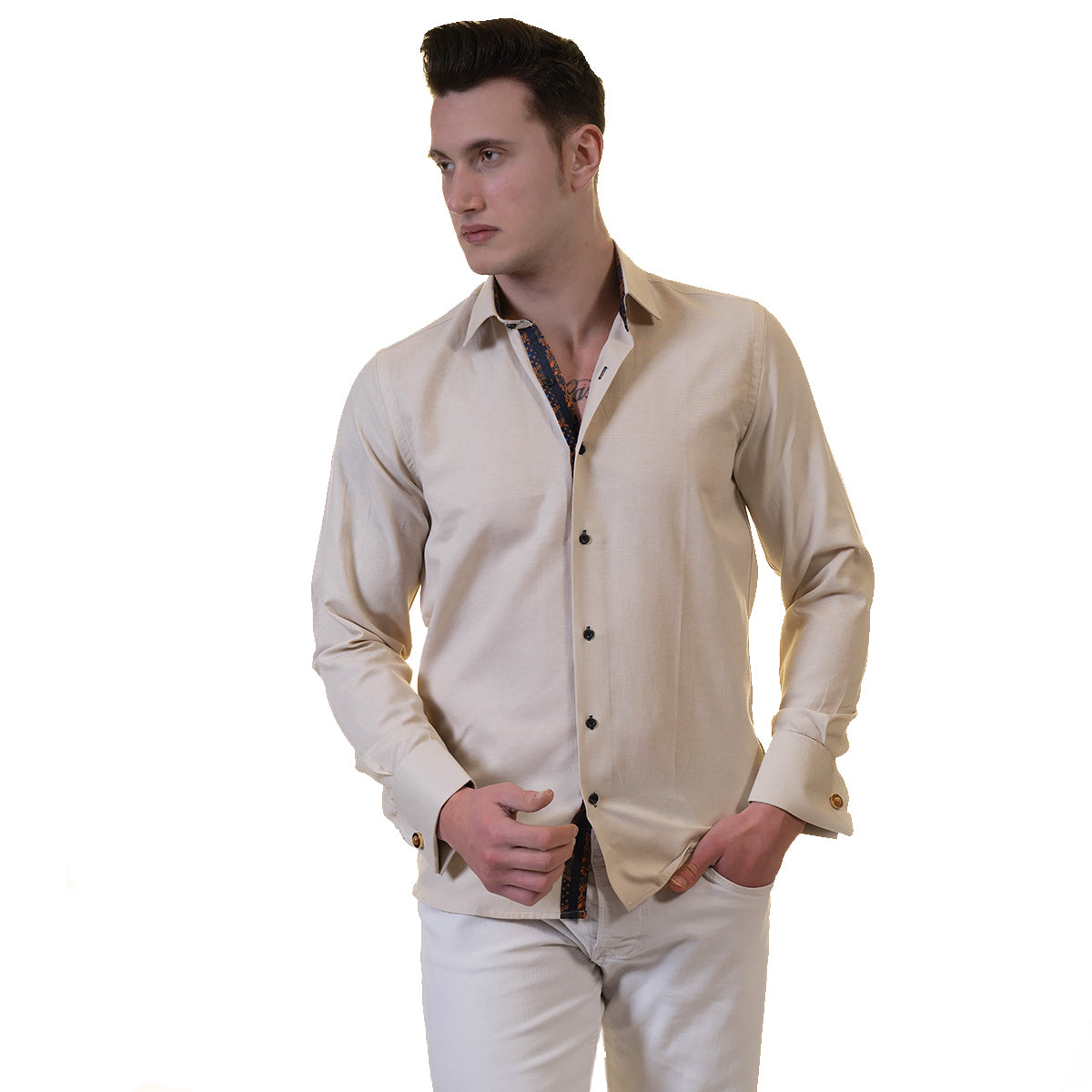 Off White Mens Slim Fit French Cuff Shirts with Cufflink Holes - Casual and Formal - Image 2