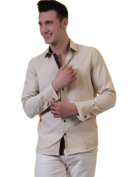 Off White Mens Slim Fit French Cuff Shirts with Cufflink Holes – Casual and Formal