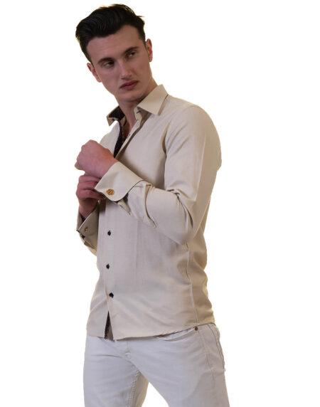 Off White Mens Slim Fit French Cuff Shirts with Cufflink Holes – Casual and Formal