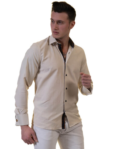 Off White Mens Slim Fit French Cuff Shirts with Cufflink Holes – Casual and Formal