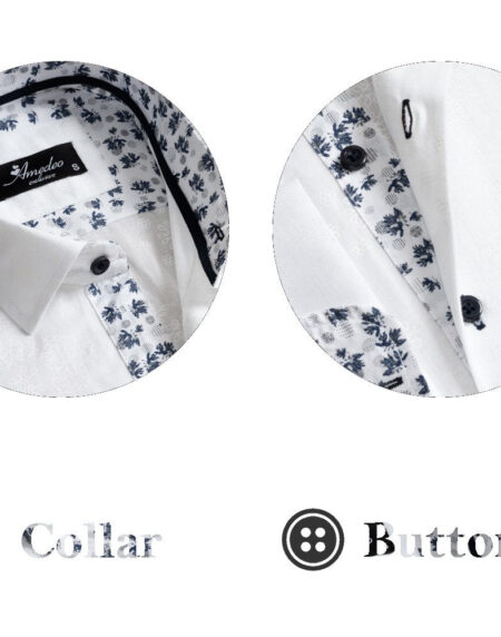 White and Blue Floral Dark Purple Men's Slim Fit French Cuff Dress Shirts with Cufflink Holes - Casual and Formal - Amedeo Exclusive