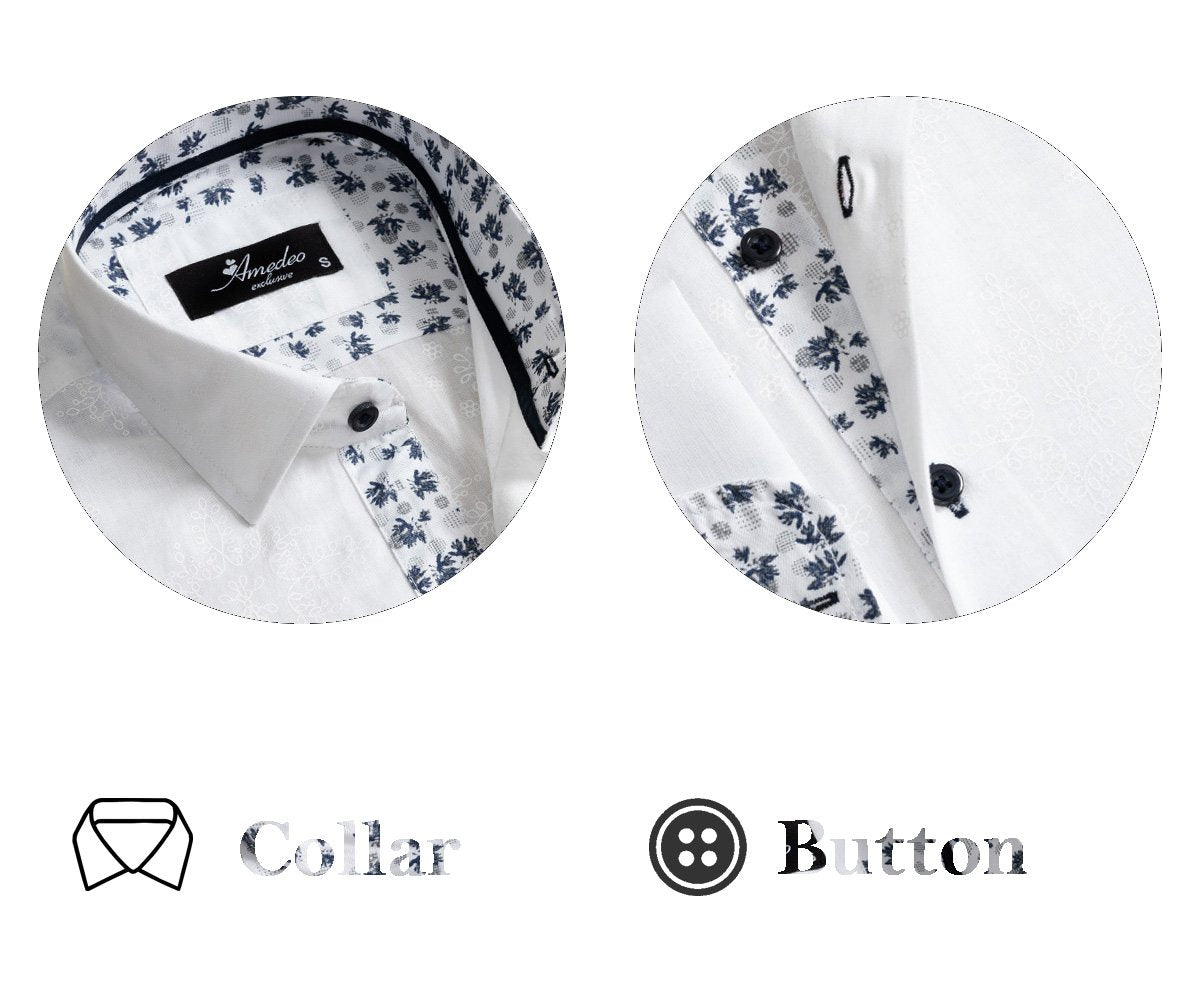 White and Blue Floral Dark Purple Men's Slim Fit French Cuff Dress Shirts with Cufflink Holes - Casual and Formal - Amedeo Exclusive