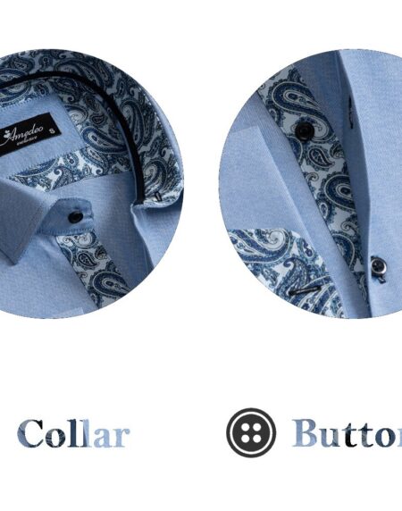 Blue Men's Slim Fit French Cuff Dress Shirts with Cufflink Holes - Casual and Formal - Amedeo Exclusive