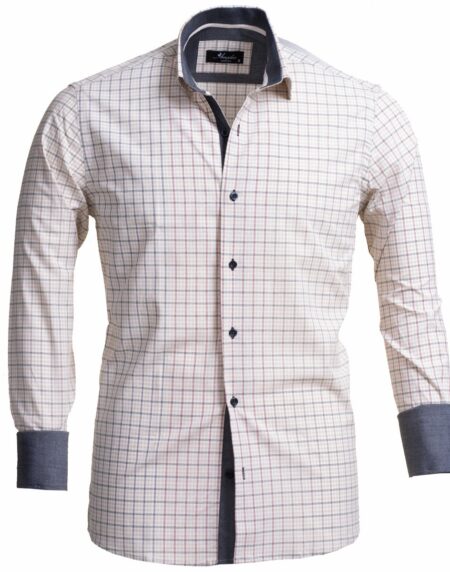 Tan Checked Men's Slim Fit French Cuff Dress Shirts with Cufflink Holes - Casual and Formal - Amedeo Exclusive