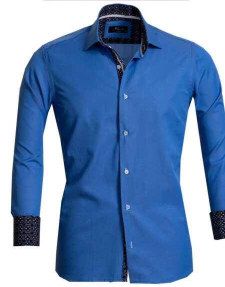 Solid Medium Blue Mens Slim Fit French Cuff Dress Shirts with Cufflink Holes - Casual and Formal - Amedeo Exclusive