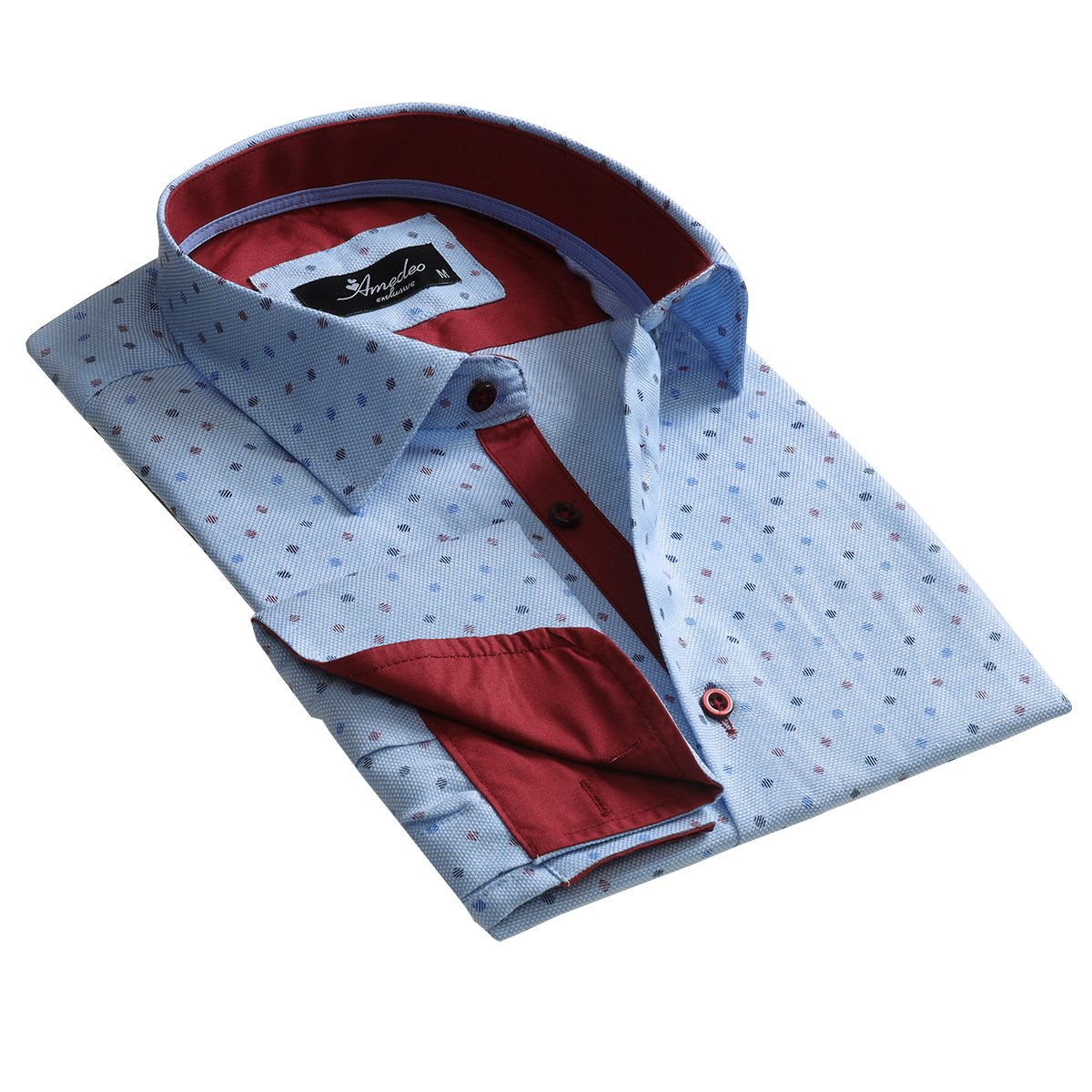 Light Blue Design Mens Slim Fit French Cuff Dress Shirts with Cufflink Holes - Casual and Formal - Amedeo Exclusive