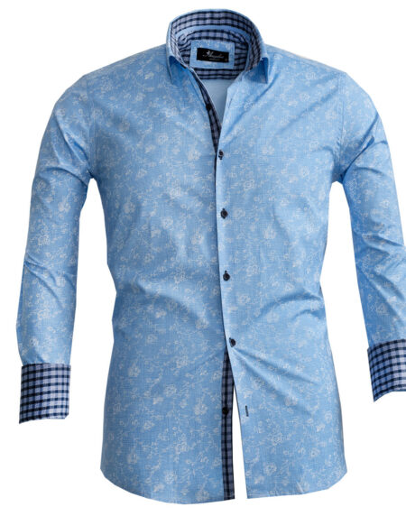 Blue Floral Mens Slim Fit French Cuff Shirts with Cufflink Holes – Casual and Formal