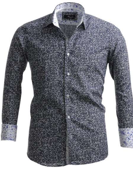 Grey Blue Floral Mens Slim Fit French Cuff French Cuff Shirts with Cufflink Holes – Casual and Formal