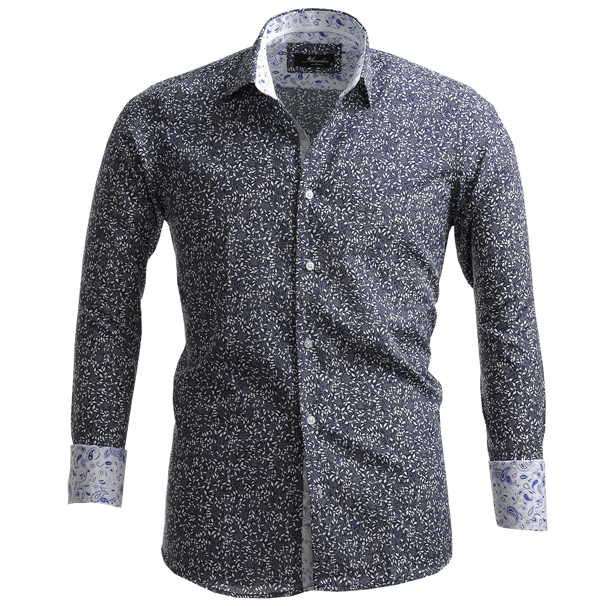 Grey Blue Floral Mens Slim Fit French Cuff French Cuff Shirts with Cufflink Holes - Casual and Formal - Image 2