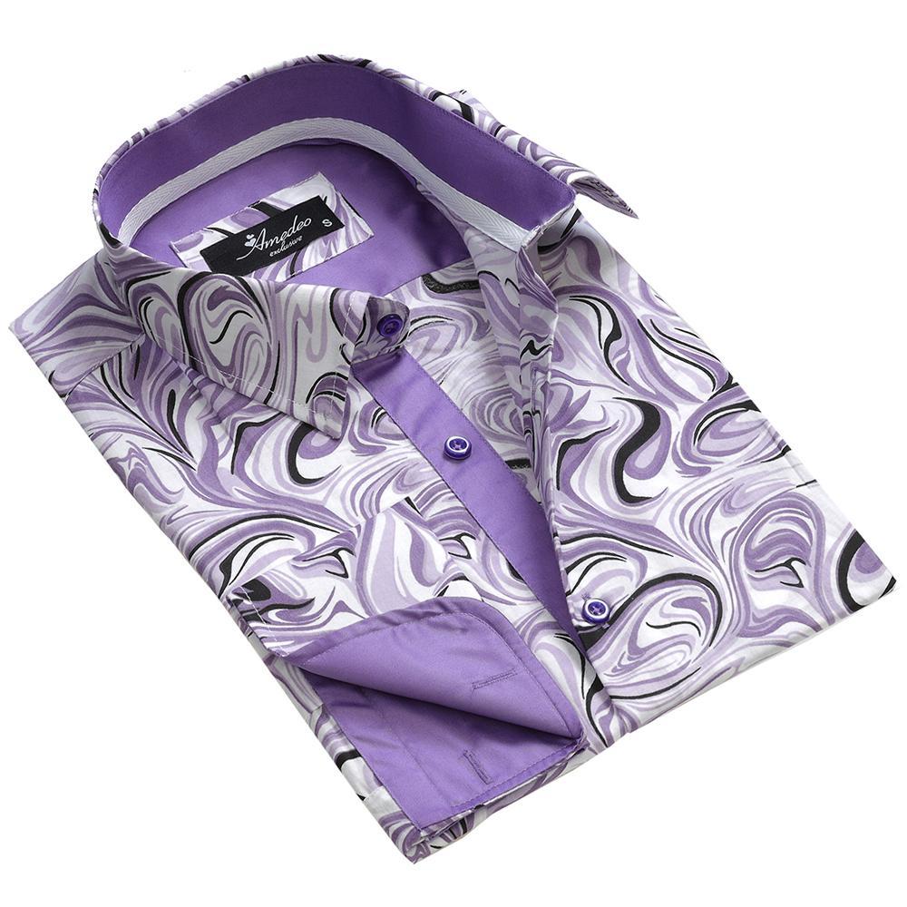Purple White Swirls Mens Slim Fit French Cuff Dress Shirts with Cufflink Holes - Casual and Formal - Amedeo Exclusive