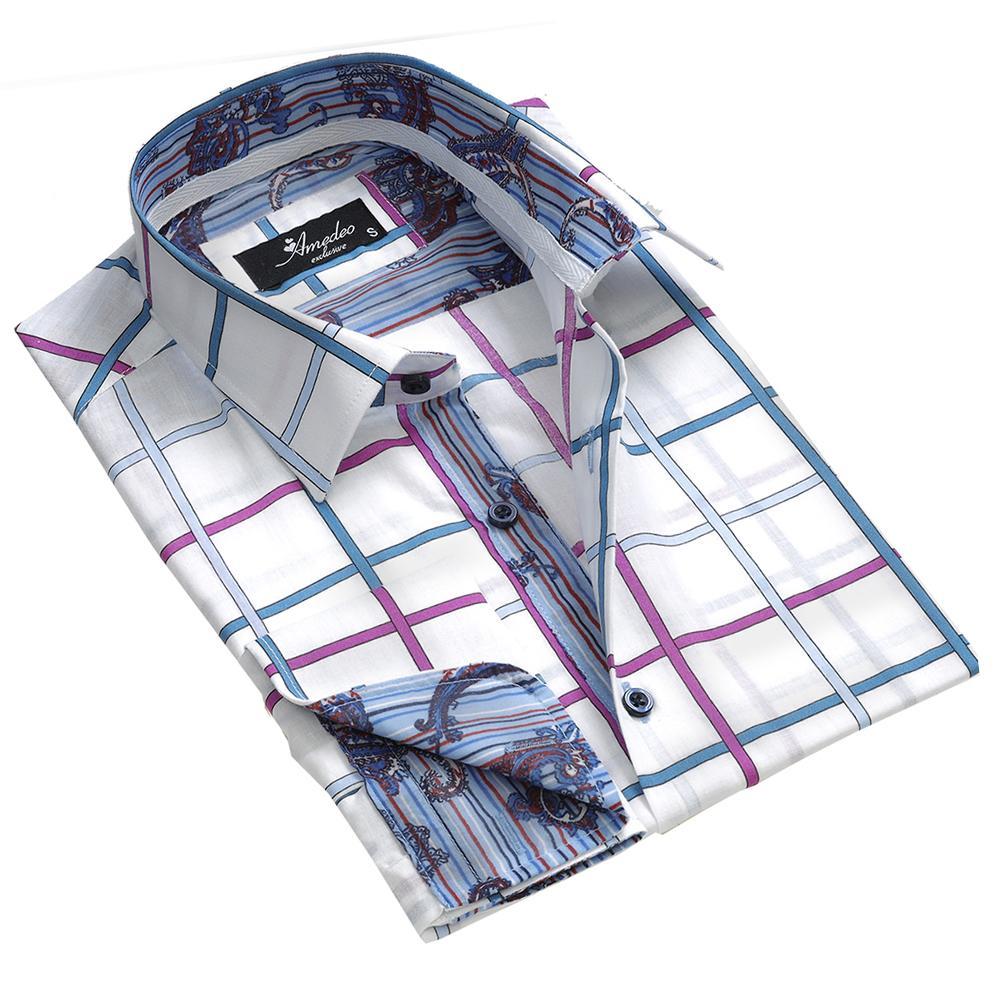 White Pink Blue Check Mens Slim Fit French Cuff Dress Shirts with Cufflink Holes - Casual and Formal - Amedeo Exclusive
