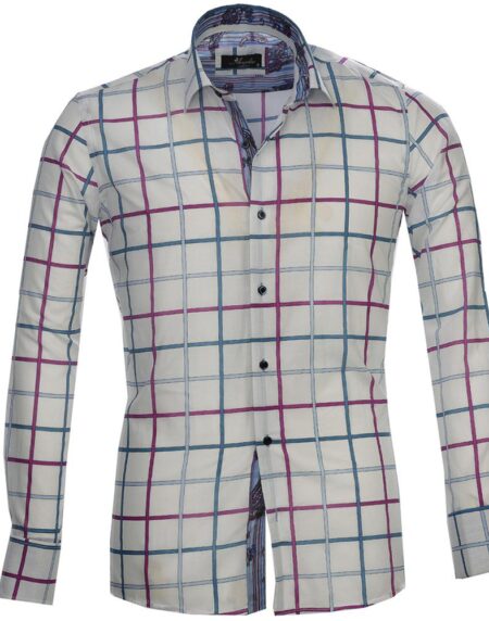 White Pink Blue Check Mens Slim Fit French Cuff Dress Shirts with Cufflink Holes - Casual and Formal - Amedeo Exclusive