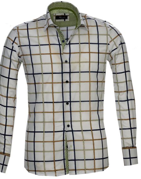 White Blue Green Check Mens Slim Fit Designer Dress Shirt - tailored Cotton Shirts for Work and Casual Wear - Amedeo Exclusive