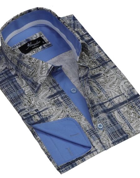 Beige Blue Paisley Mens Slim Fit Designer Dress Shirt - tailored Cotton Shirts for Work and Casual Wear - Amedeo Exclusive