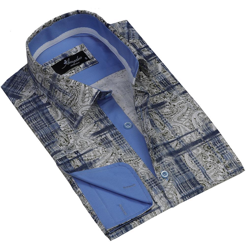 Beige Blue Paisley Mens Slim Fit Designer Dress Shirt - tailored Cotton Shirts for Work and Casual Wear - Amedeo Exclusive