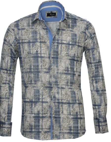 Beige Blue Paisley Mens Slim Fit Designer Dress Shirt - tailored Cotton Shirts for Work and Casual Wear - Amedeo Exclusive