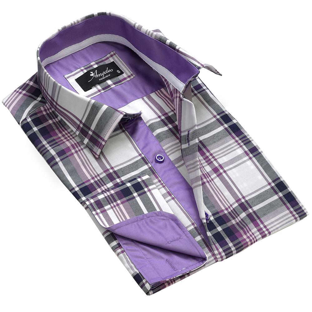 White Purple Check Mens Slim Fit French Cuff Dress Shirts with Cufflink Holes - Casual and Formal - Amedeo Exclusive