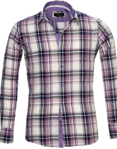White Purple Check Mens Slim Fit French Cuff Dress Shirts with Cufflink Holes - Casual and Formal - Amedeo Exclusive