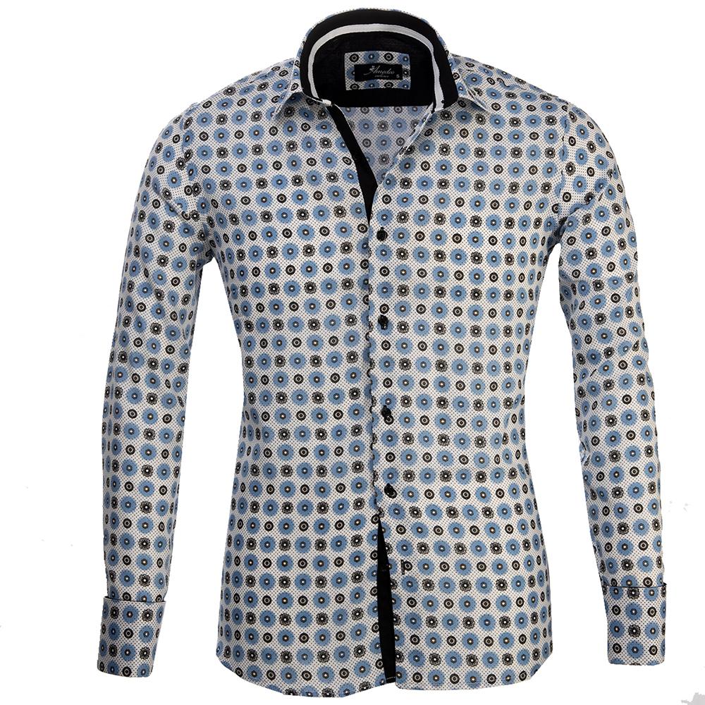 Black and Blue Circles Mens Slim Fit French Cuff Dress Shirts with Cufflink Holes - Casual and Formal - Amedeo Exclusive