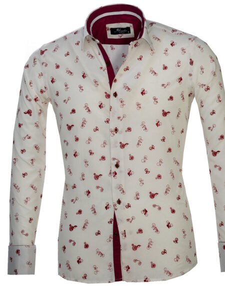 White with Burgandy Bicycles Mens Slim Fit French Cuff Dress Shirts with Cufflink Holes - Casual and Formal - Amedeo Exclusive