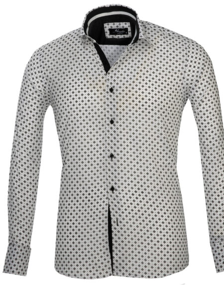 White with Black Pattern Mens Slim Fit French Cuff Dress Shirts with Cufflink Holes - Casual and Formal - Amedeo Exclusive