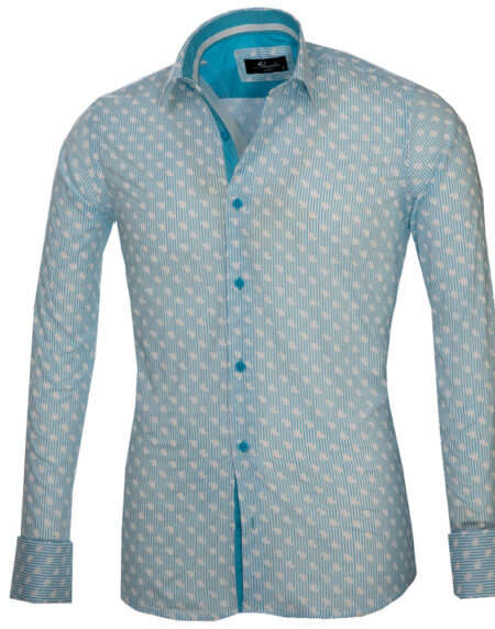 White & Blue Lines with Paisley Mens Slim Fit Designer Dress Shirt - tailored Cotton Shirts for Work and Casual Wear - Amedeo Exclusive