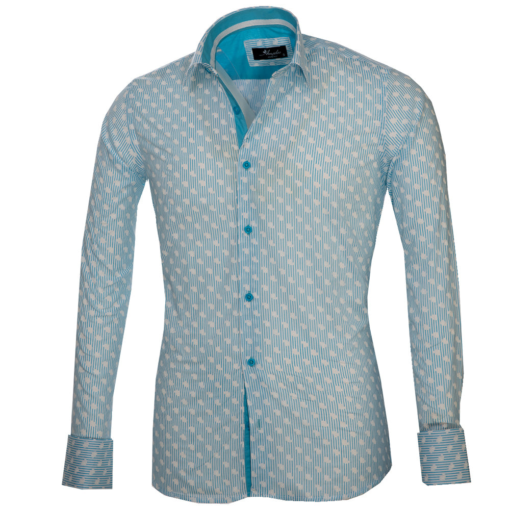 White & Blue Lines with Paisley Mens Slim Fit Designer Dress Shirt - tailored Cotton Shirts for Work and Casual Wear - Amedeo Exclusive