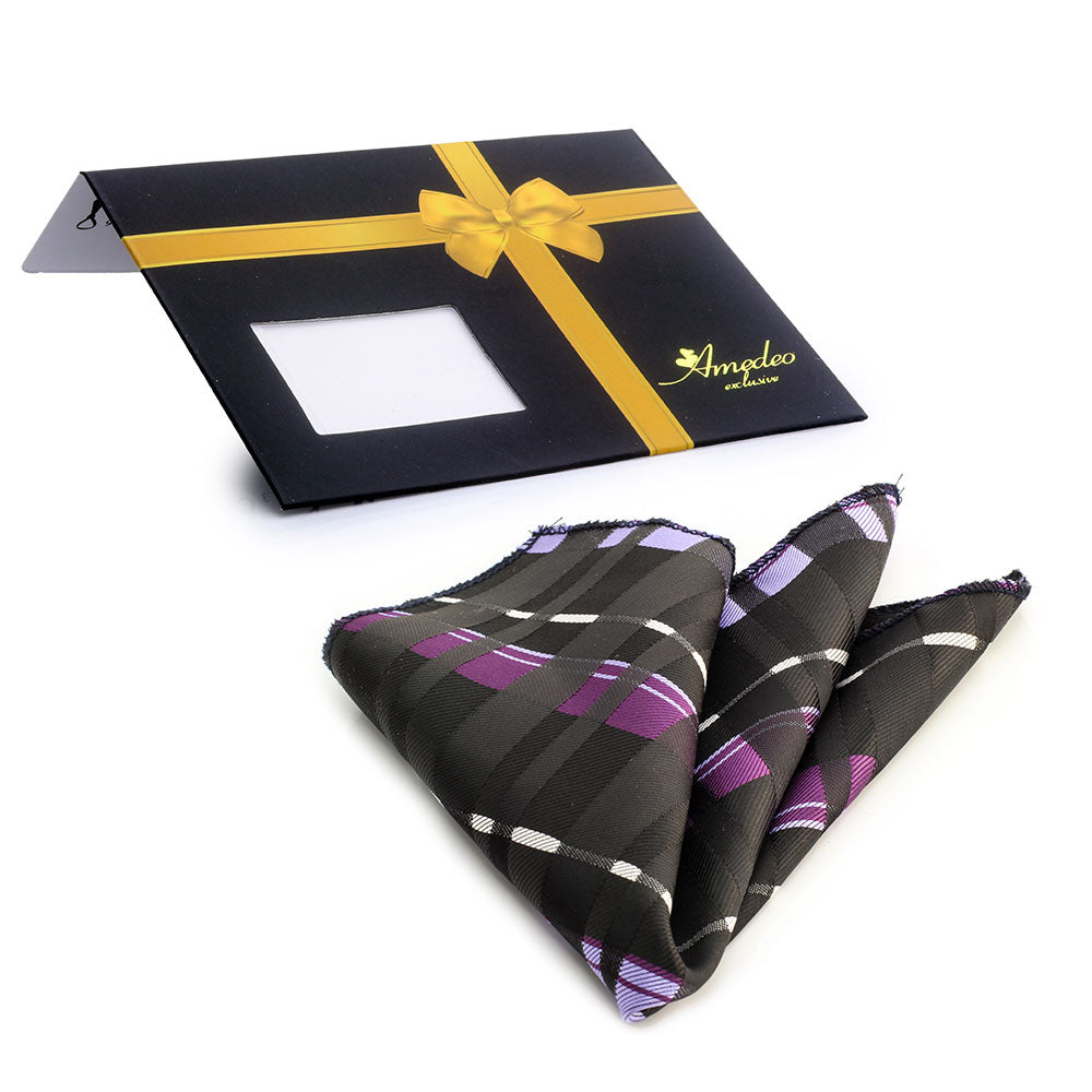 Men's Purple Blue Black White Check Pocket Square Hanky Handkerchief - Amedeo Exclusive