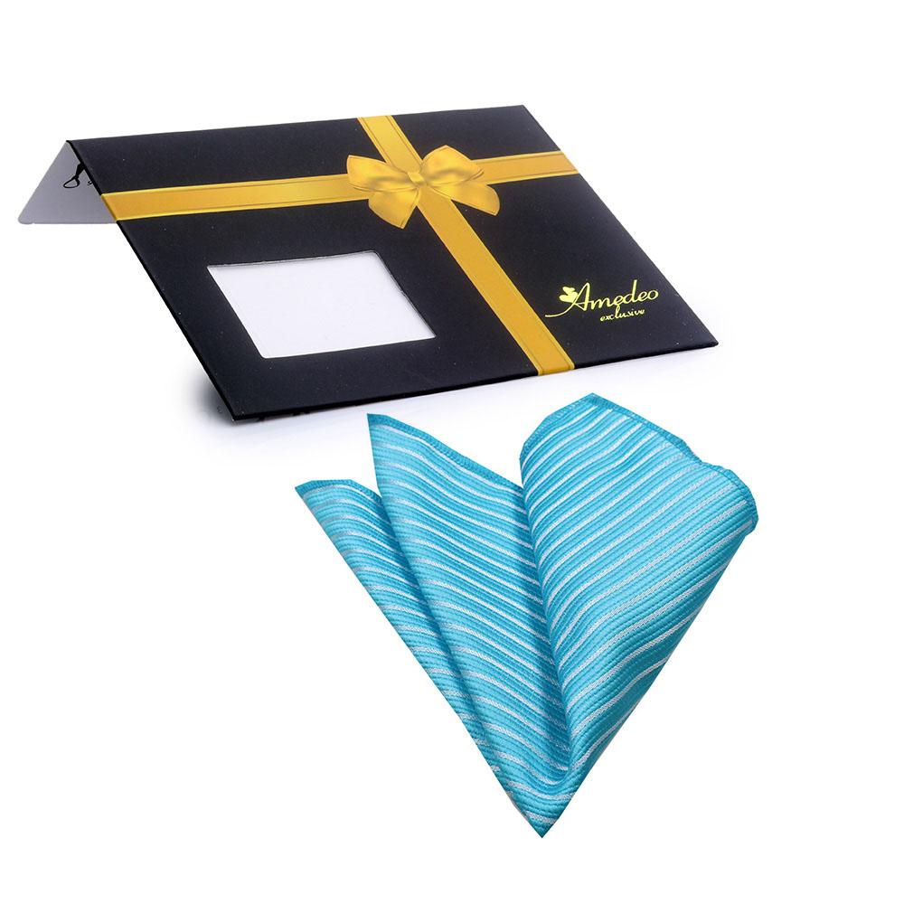 Men's Turquoise Blue White Lines Pocket Square Hanky Handkerchief - Amedeo Exclusive