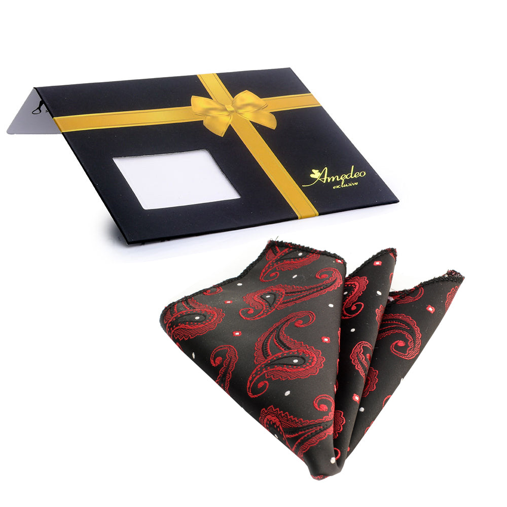 Men's Black Red Paisley Pocket Square Hanky Handkerchief - Amedeo Exclusive