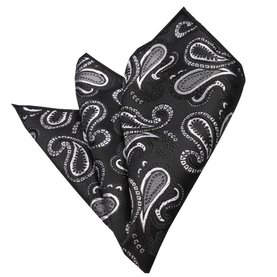Men's Black Silver Paisley Pocket Square Hanky Handkerchief - Amedeo Exclusive