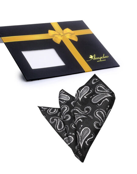 Men's Black Silver Paisley Pocket Square Hanky Handkerchief - Amedeo Exclusive