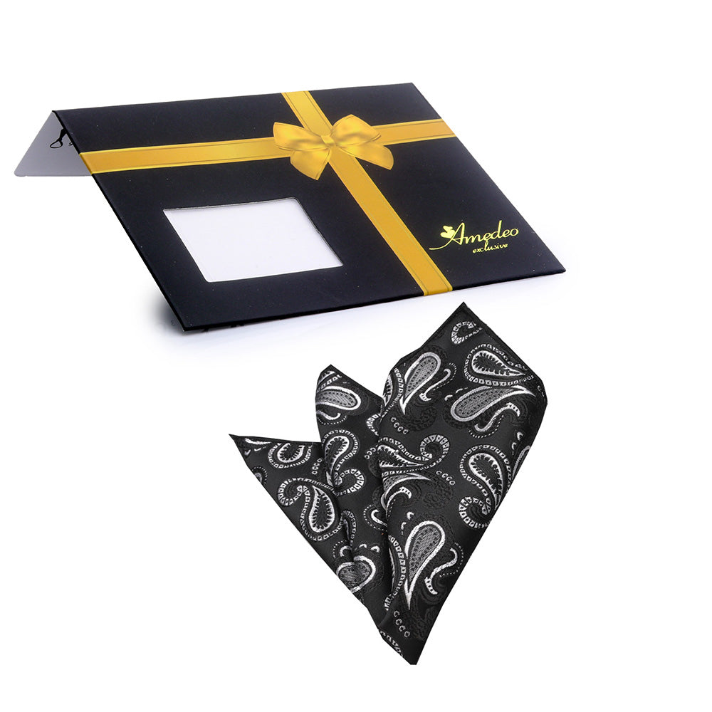 Men's Black Silver Paisley Pocket Square Hanky Handkerchief - Amedeo Exclusive