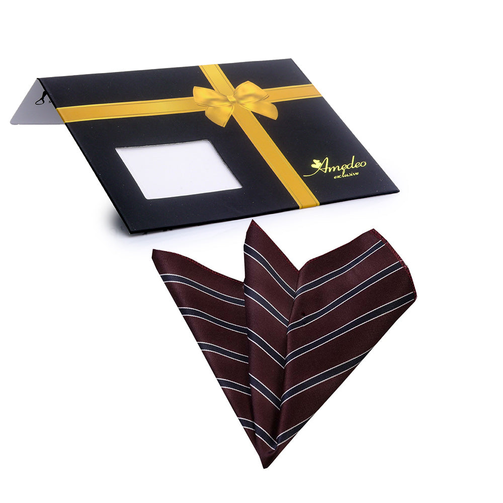 Men's Maroon with white stripes Pocket Square Hanky Handkerchief - Amedeo Exclusive